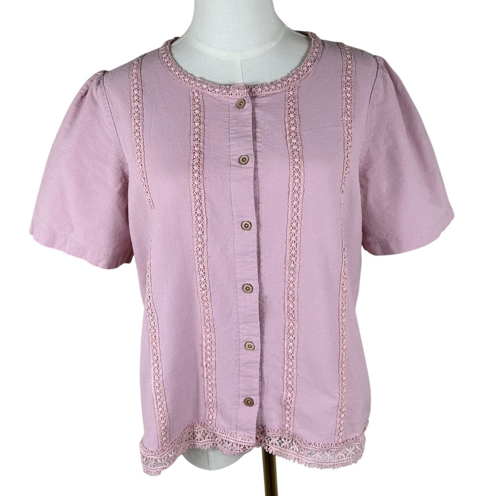 Krizia Button Front Blouse Womens XL Pink Lace Trim Crochet Cottagecore Romantic